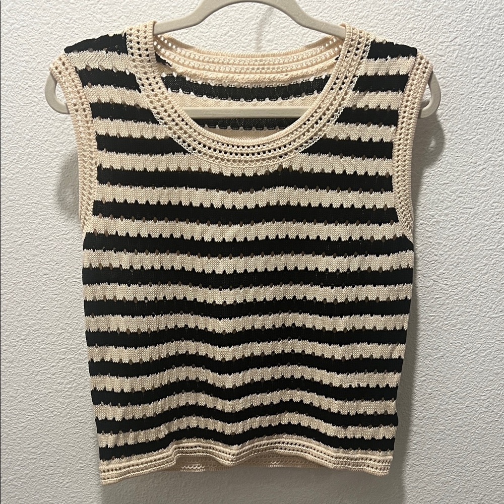 Striped Crochet Knit Sleeveless Top - Black & Cream